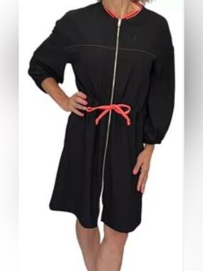Zara - Black Full Zip Pink Fluorescent Drawstring Neckline Mini Dress Size Small